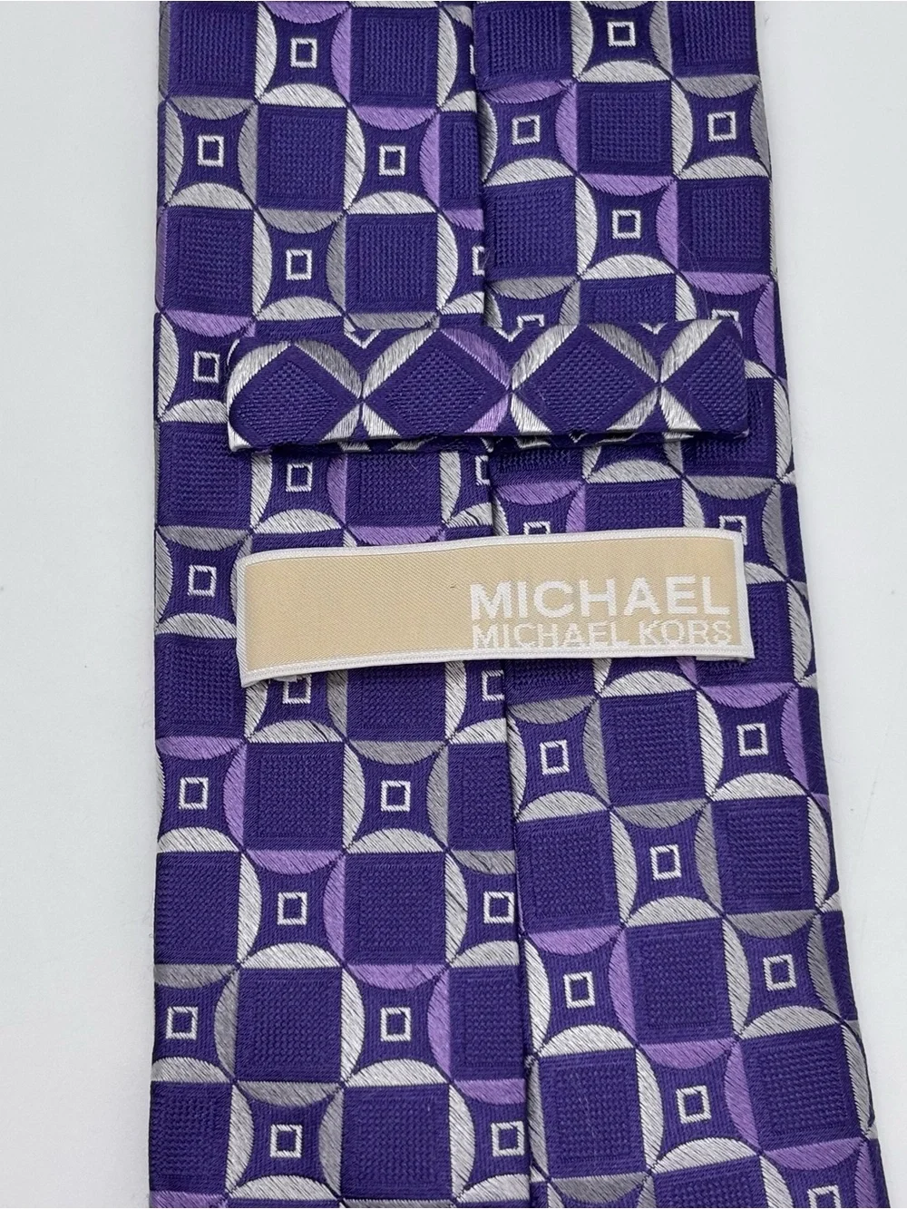 MK Michael Kors Silk Necktie Purple Lavender Geometric Squares